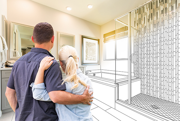 Couple Facing Bathroom Drawing Gradating To Photo.