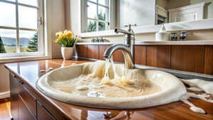 Water overflow floods the surrounding countertop, as a mixture of hair, soap scum, and grime clogs the slow-draining sink basin, highlighting a common household problem.